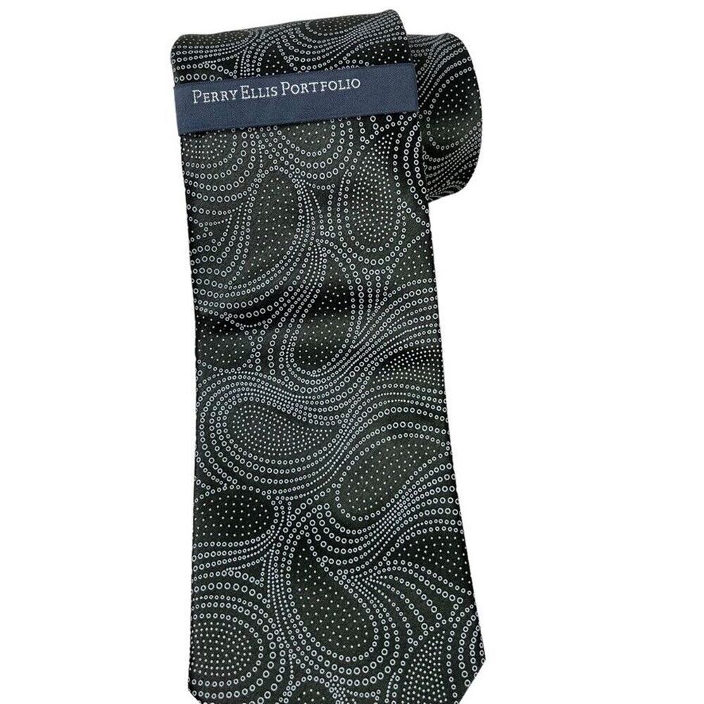 Perry Ellis Portfolio Mens Gray Olive Paisley 100% Silk Hand Made Necktie Tie